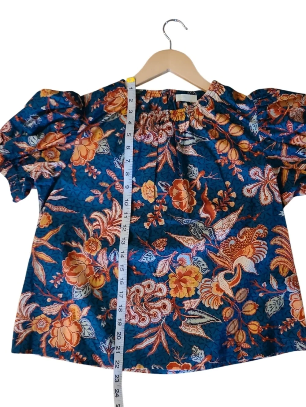 Ulla Johnson Frances Top Floral Puff-Sleeve 100% Cotton Blouse Deep Teal Orange